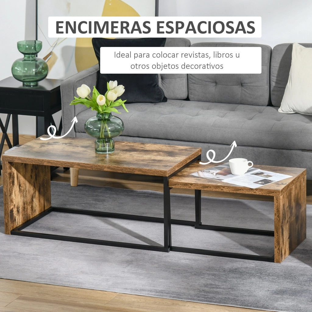 Tavolino da caff¨¨ nido moderno ¨C Minimal ¨C marrone r¨²stico e nero, metallo, 90x48x42 cm e 59x42x36 cm