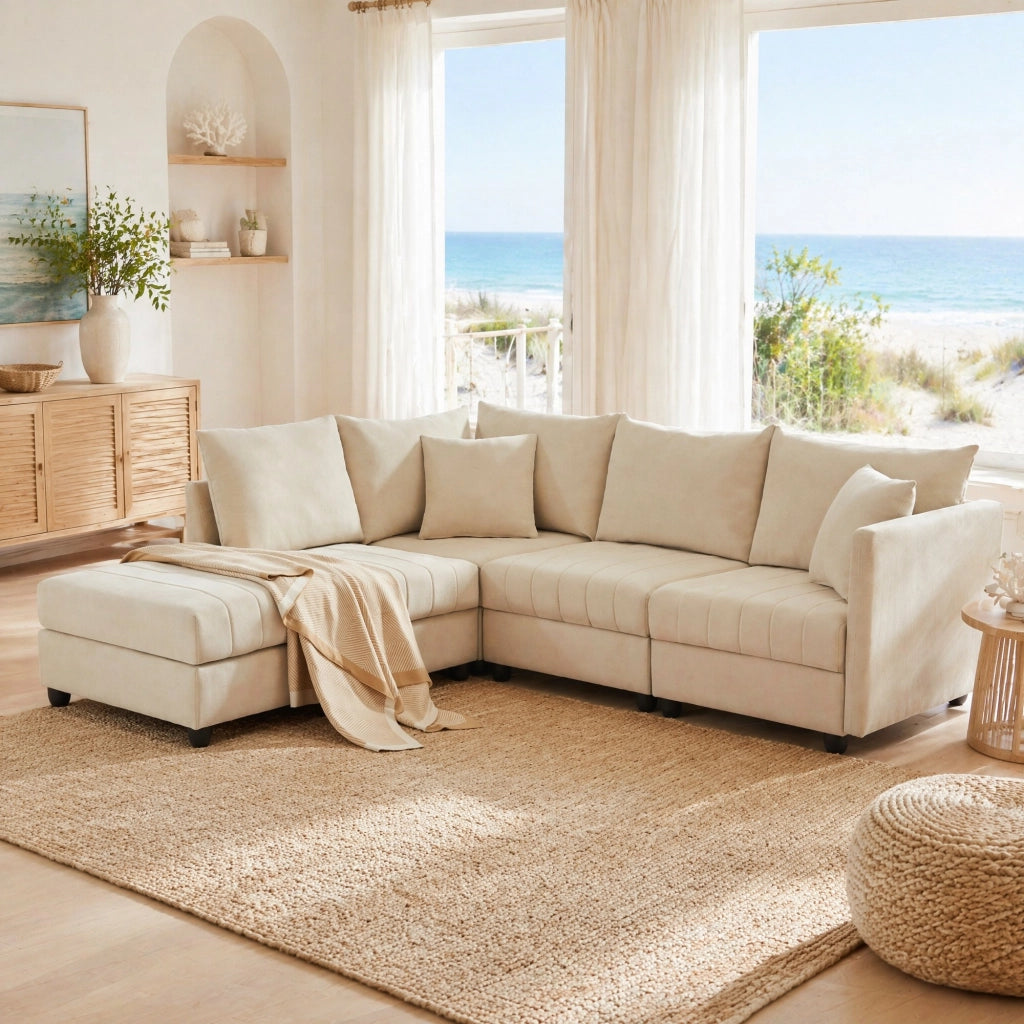 Divano modulare 5 posti con pouf mobile e schienale ergonomico in effetto lino beige