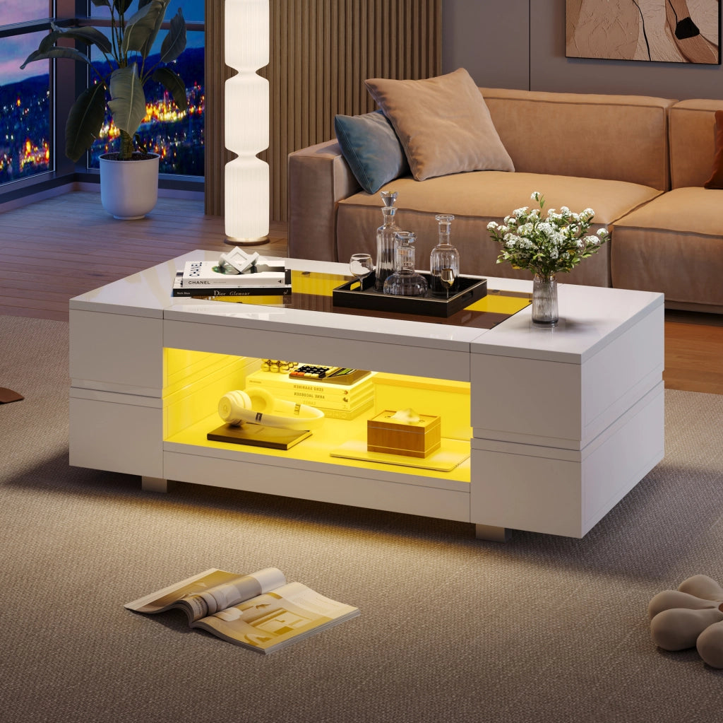 Tavolino da caffè LED bianco 100x50x35 cm con app