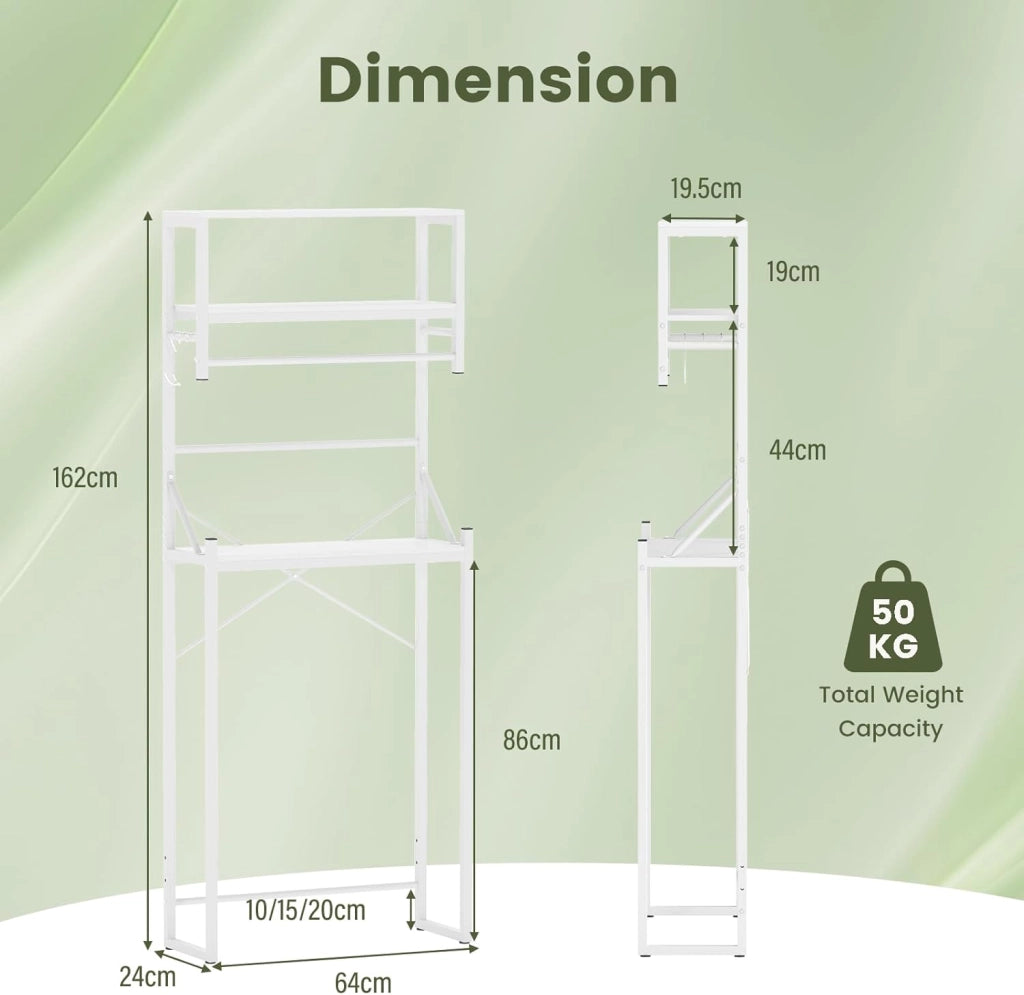 Scaffale WC a 3 livelli con asta per asciugamani e 3 ganci a forma di S, con gambe in metallo, 64 x 24 x 162 cm, bianco
