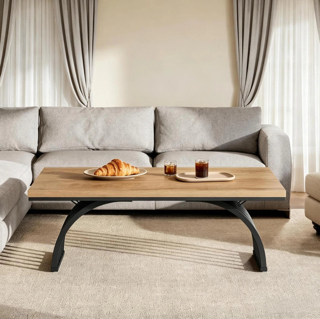 Tavolino da caffè 120 cm con piano in legno e struttura in metallo nero
