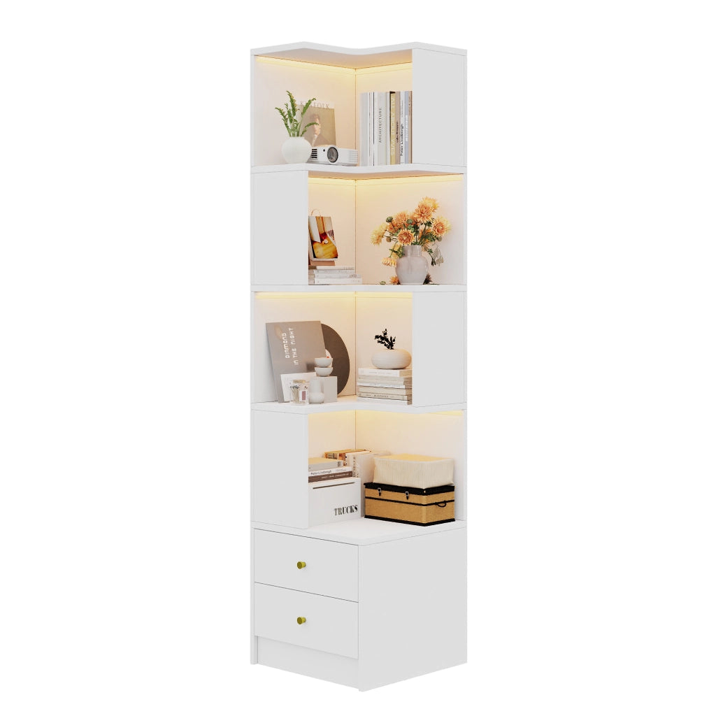 Libreria angolare a L con illuminazione LED controllabile da app, 45 x 43,5 x 180 cm, bianca