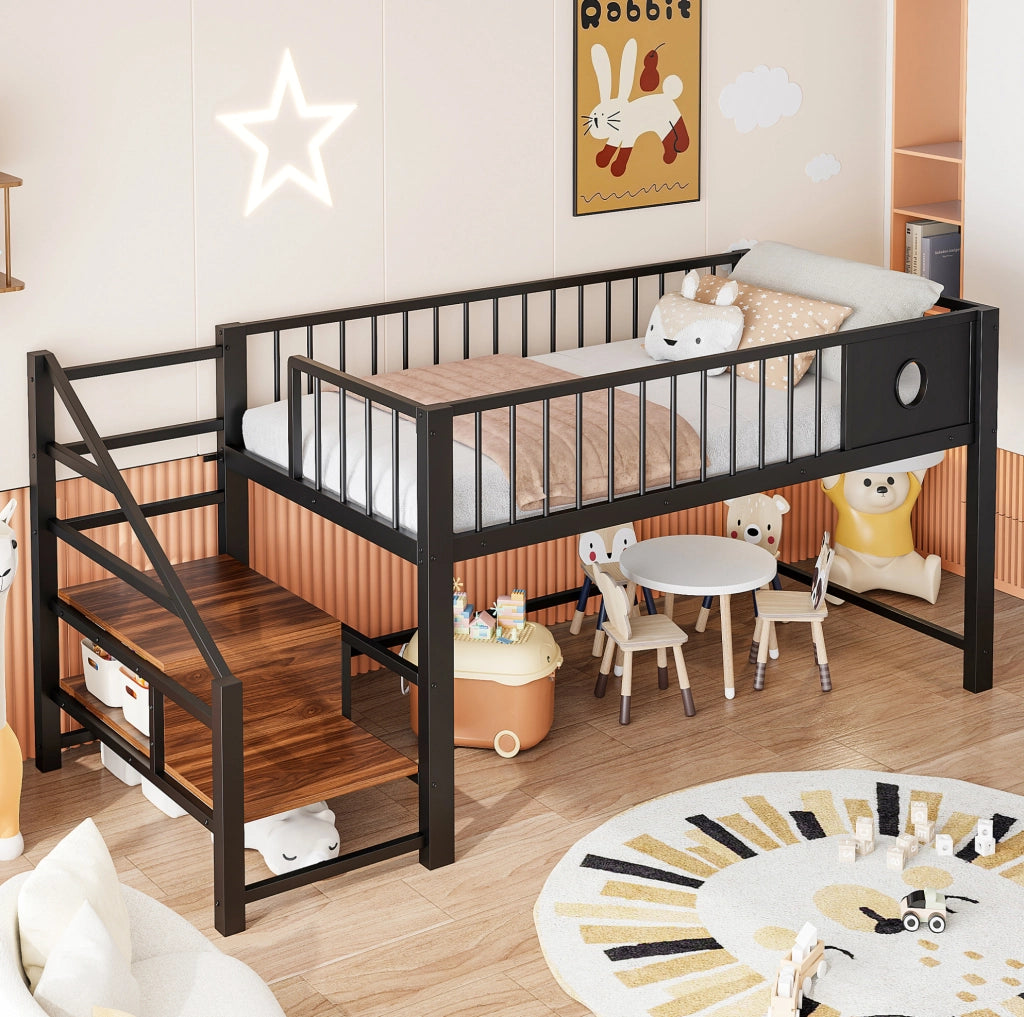 Letto a soppalco basso per bambini 90x200 cm con scala, nero