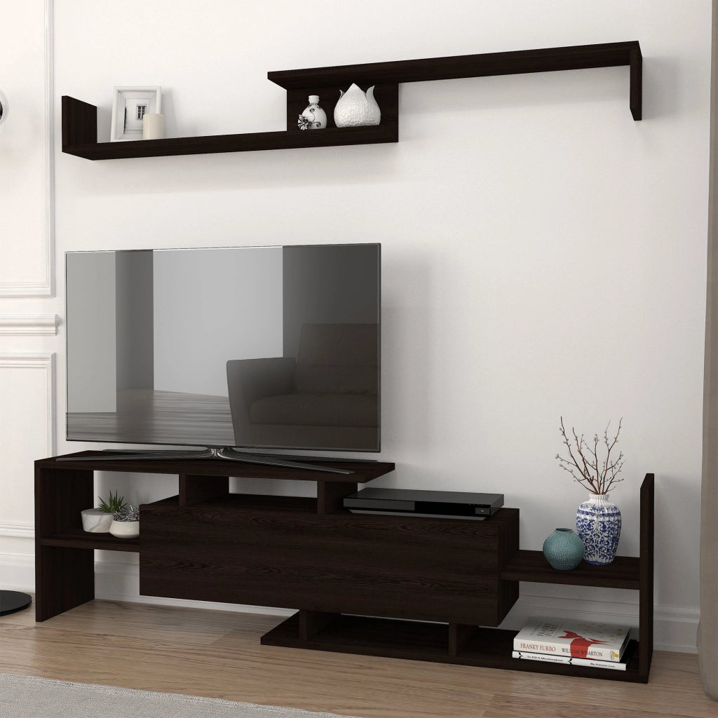 Set Liksefte di Mobile Porta TV e Mensola da Parete - Nero [en.casa]