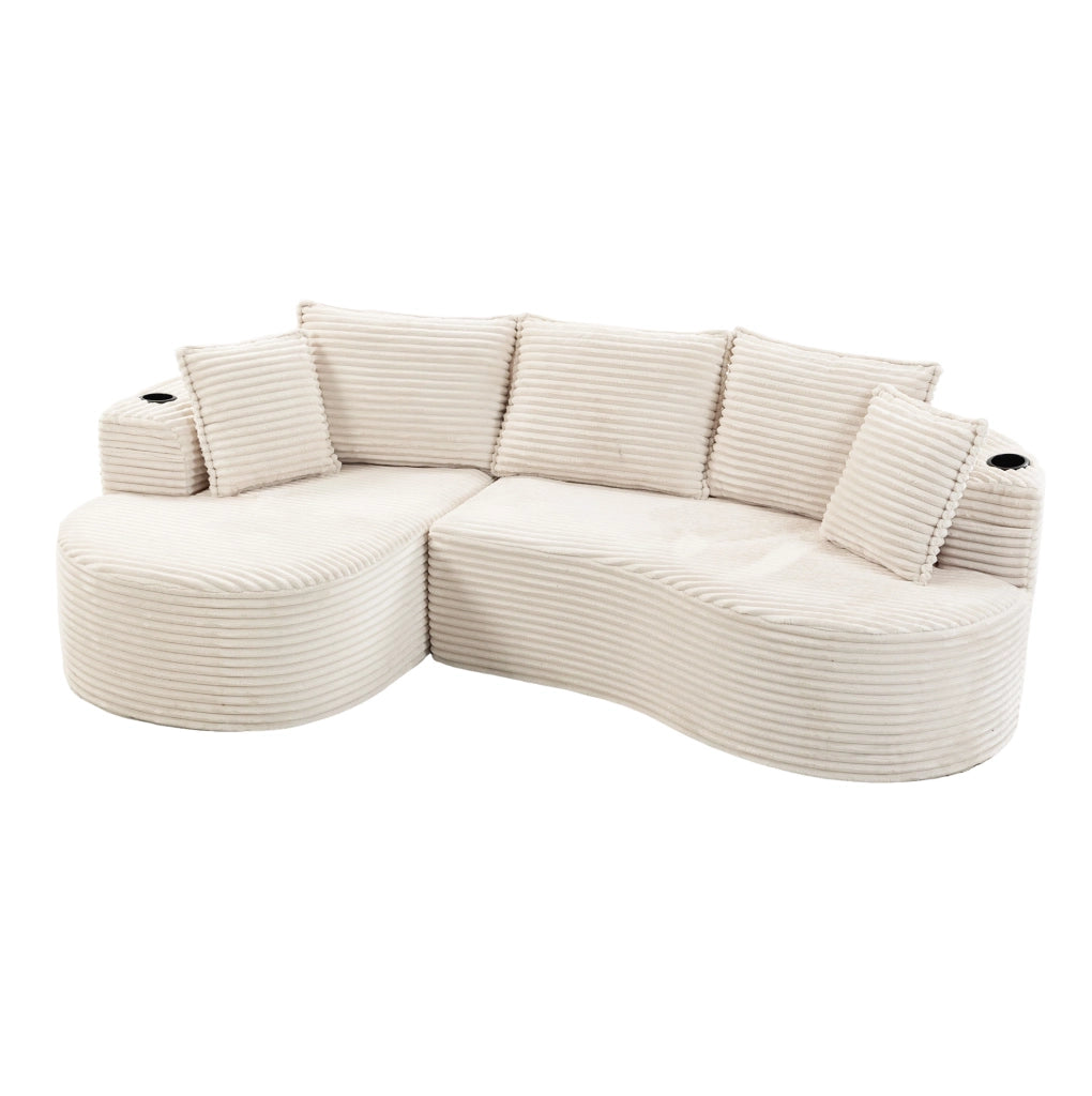 Divano curvo in velluto a coste beige con portabevande