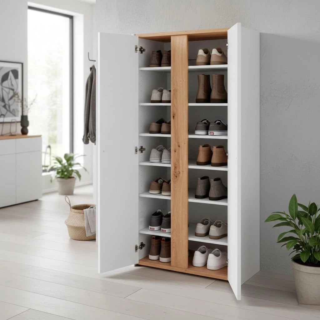 Mobile Portascarpe Con 2 Ante E 6 Ripiani Regolabili Design Minimal Capacità Fino A 18 Paia Per Ingresso Zona Giorno Corridoio 102 x 56.5 x 35 cm Bianco E Rovere