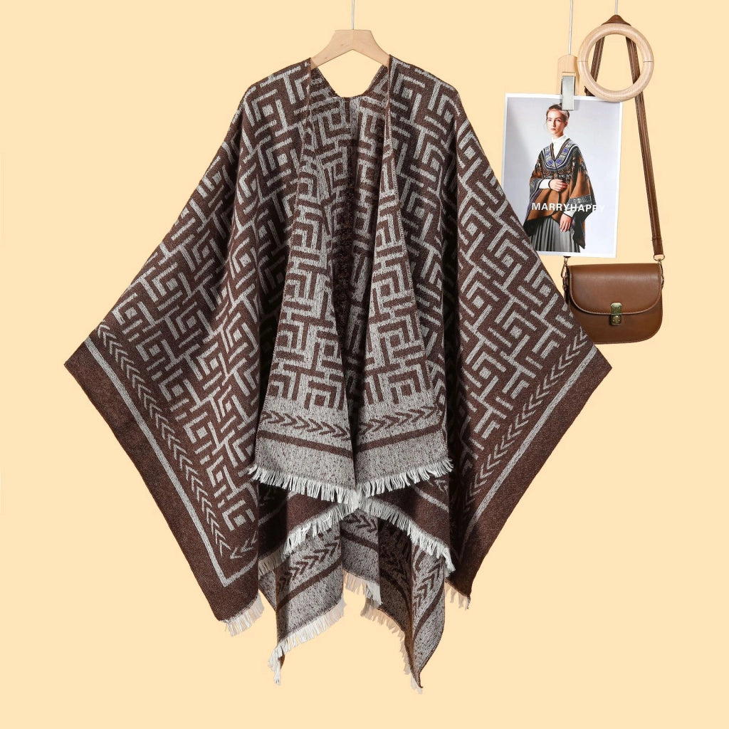 Nuovo mantello/cappotto caldo da donna in jacquard double face, stile pastorale, con spacco laterale.