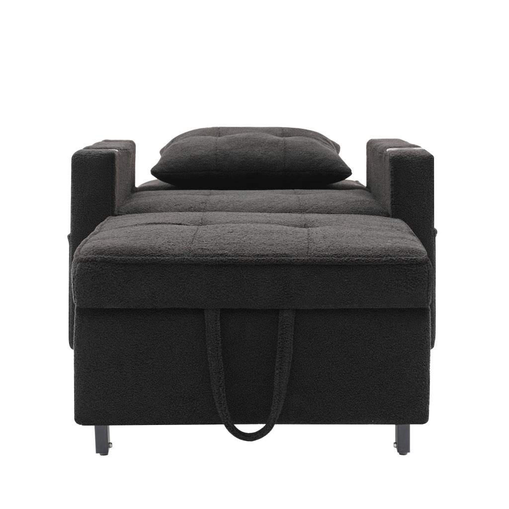 Fauteuil convertibile 3 in 1 con schienale regolabile, porta bicchieri, porta USB e tasca laterale nero 74 × 87 × 84 cm