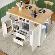 Isola cucina con piano ribaltabile 137,9 x 73 x 92,2 cm, 2 cassetti, ruote girevoli e vano portabottiglie, bianco