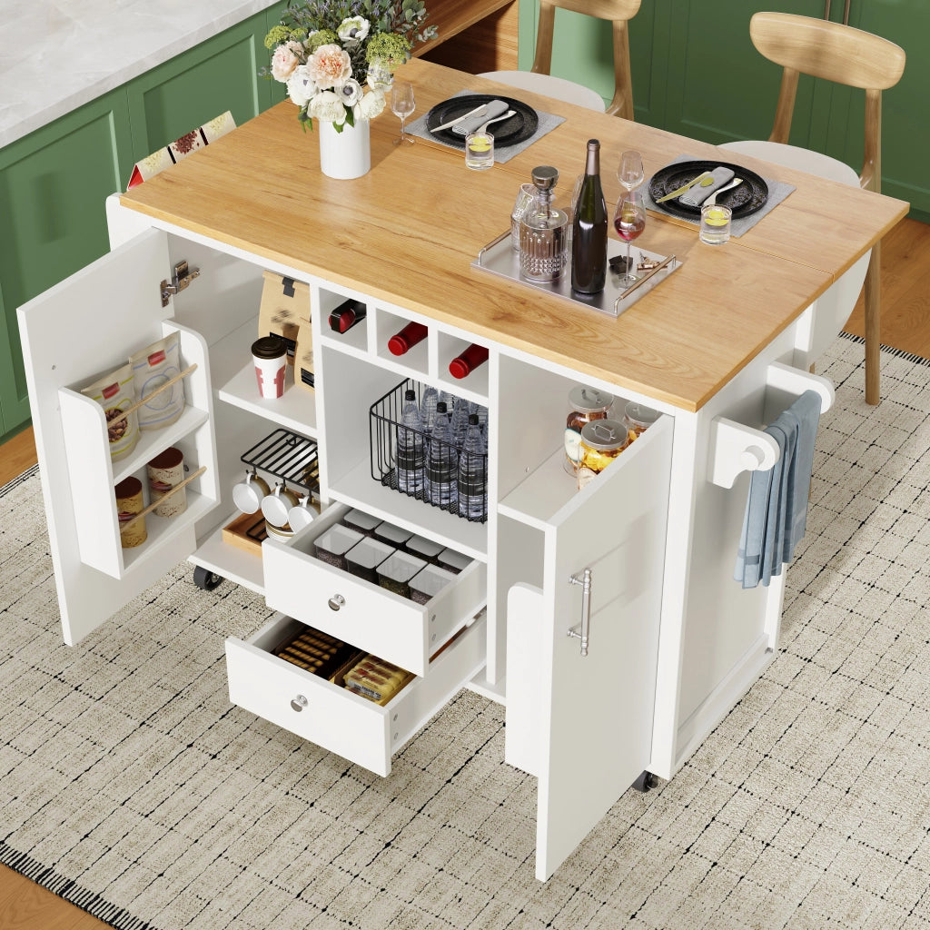 Isola cucina con piano ribaltabile 137,9 x 73 x 92,2 cm, 2 cassetti, ruote girevoli e vano portabottiglie, bianco