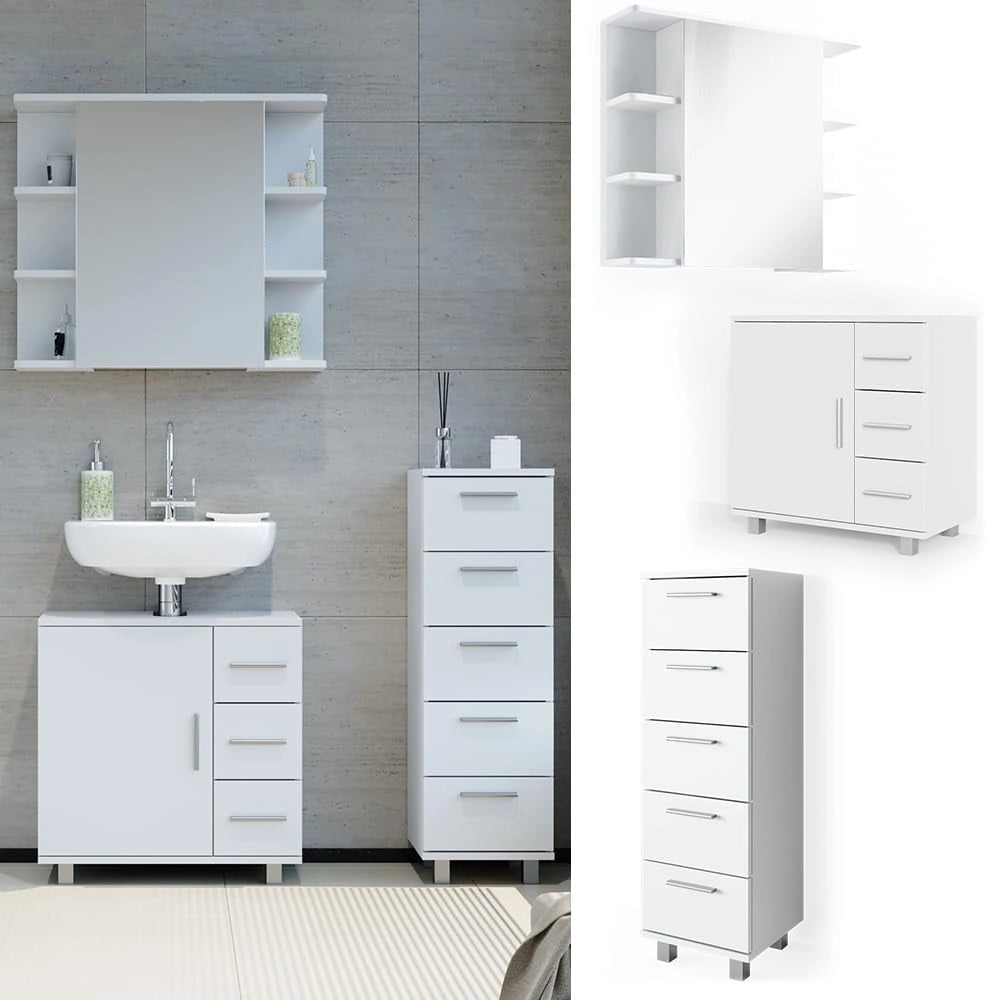 Set mobili bagno Ilias, Bianco, 60 cm, composto da mobile sottolavabo, specchiera e mobile medio