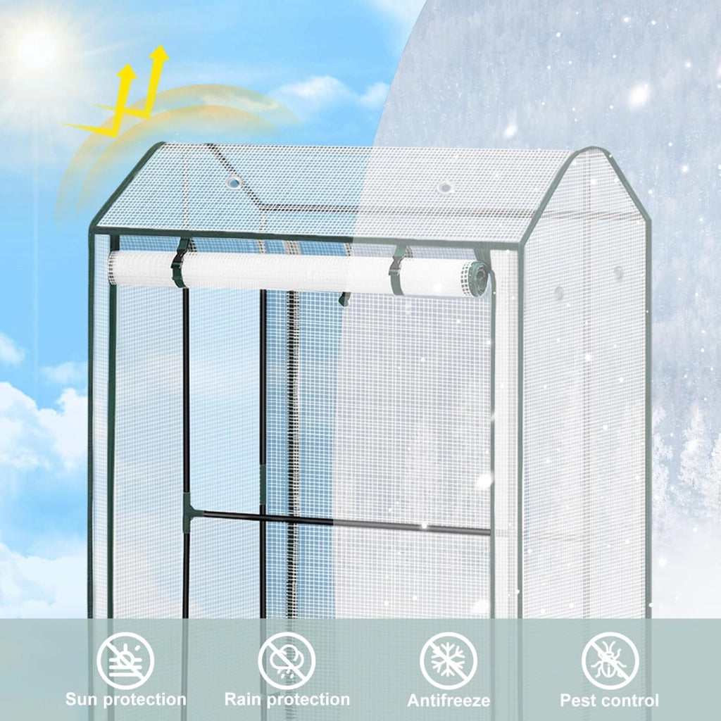 Serra da Giardino con Porte Avvolgibili, Serra da Balcone, Telo in Rete PE 140 g/m², per Piante Idrorepellente a Fori Rotondi per Piantare Pomodori Rampicanti e Altro, Bianco
