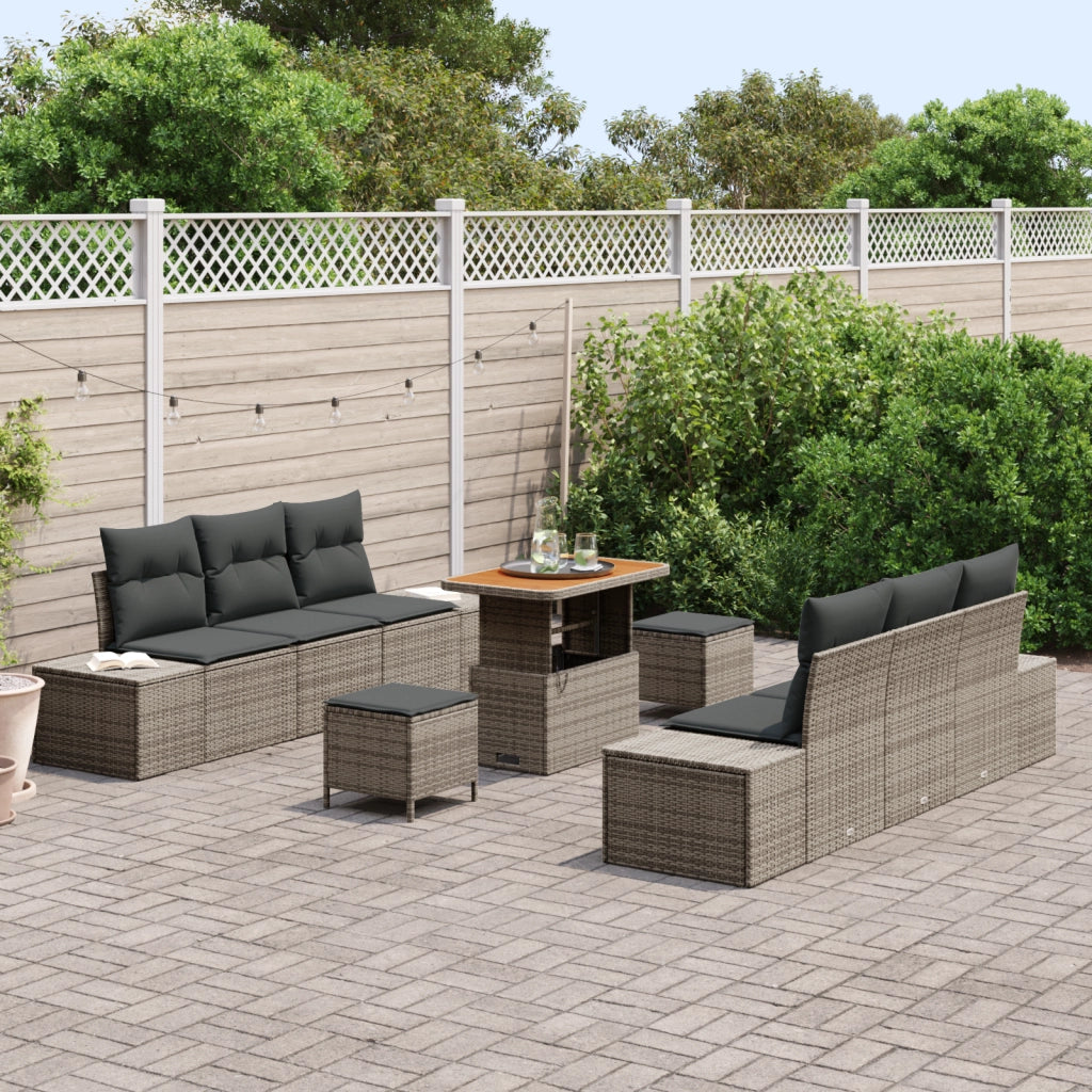 Set Divano Giardino 9 Pezzi con Cuscini Grigio Rattan Piatto Acacia