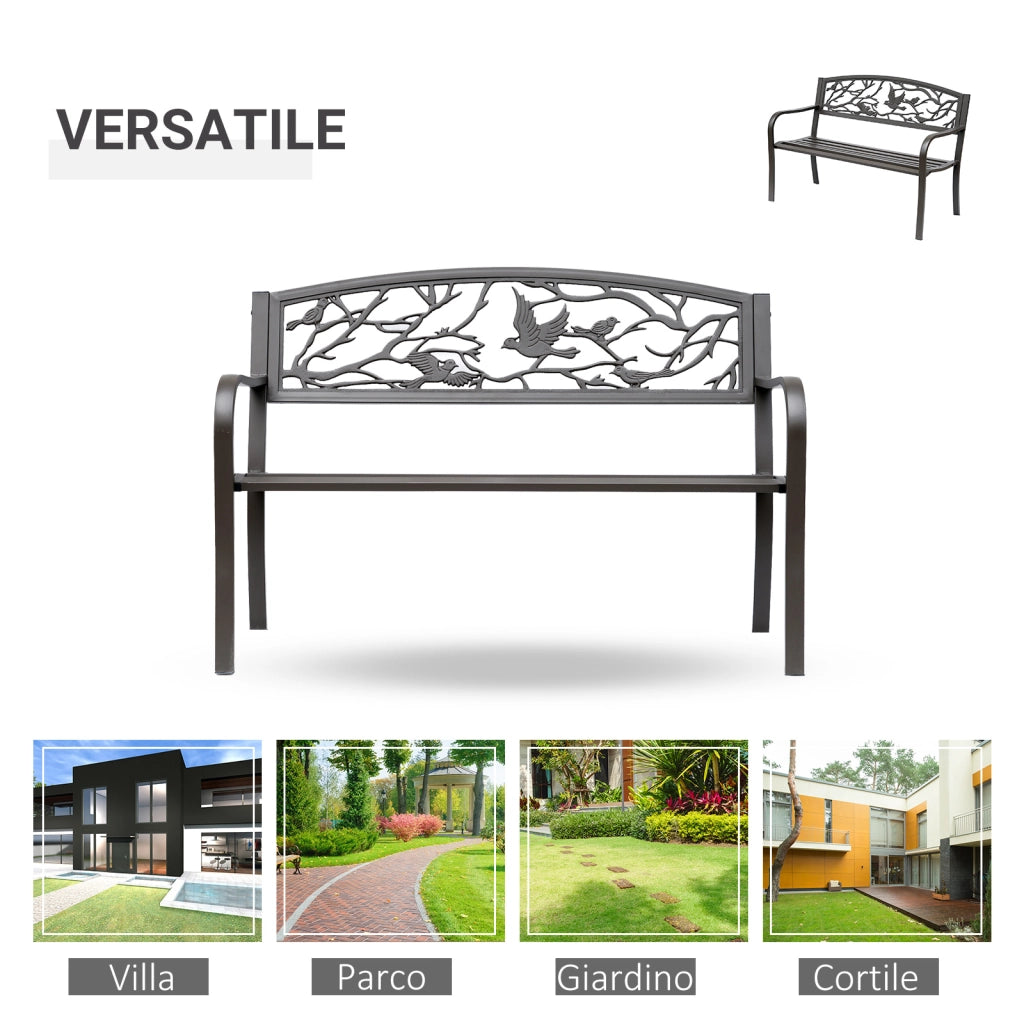 EasyComfort Panchina da giardino Impermeabile Acciaio e Ghisa per Esterni, Schienale con Decorazioni Motivo Naturale, 127x60cm, Marrone