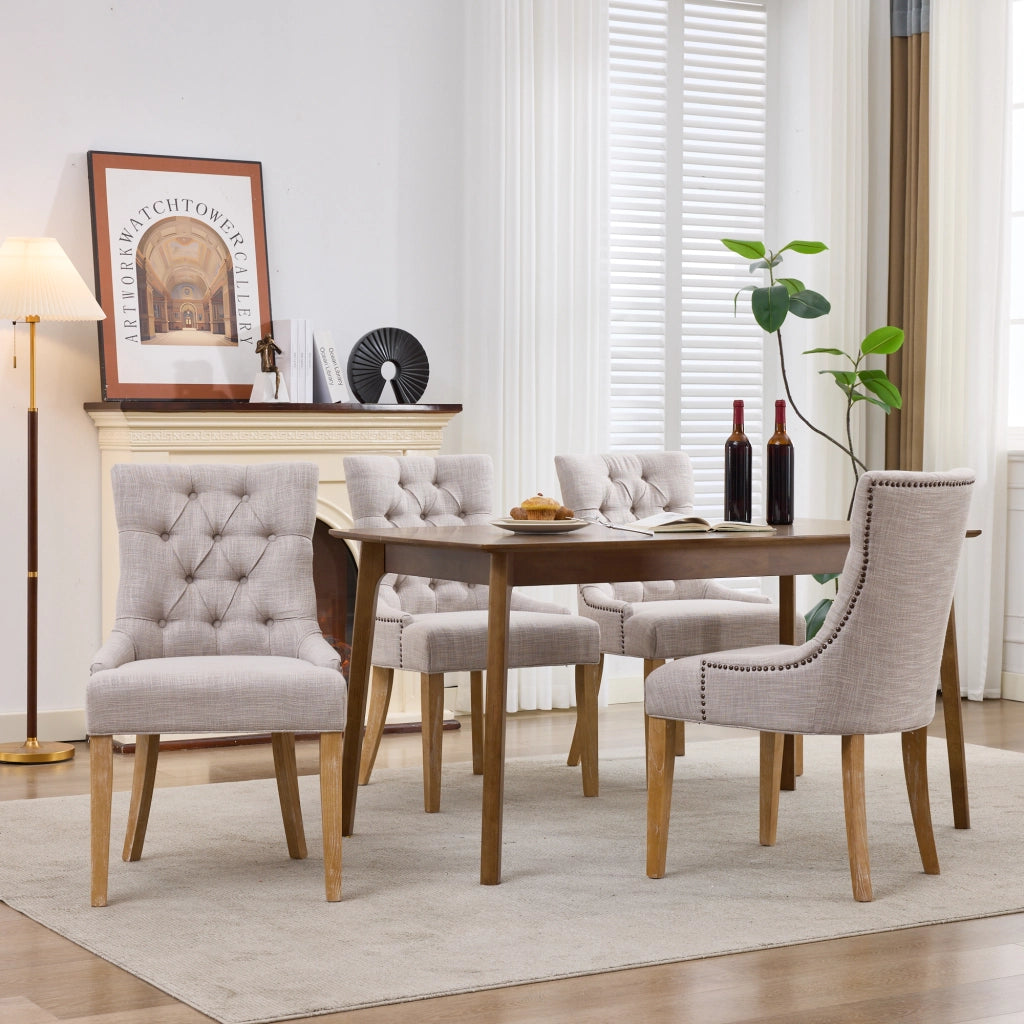 Sedia da Pranzo Imbottita con Schienale Imbottito e Gambe in Rovere, in Tessuto Beige