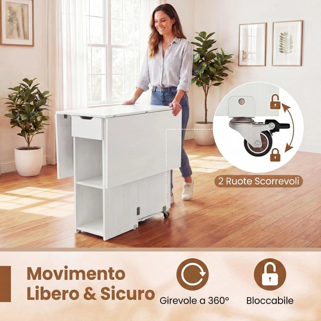 Tavolo da Pranzo Pieghevole, Tavolo Salvaspazio per 4-6 Persone con 2 Ripiani, Cassetto e Ruote a Freno, Tavolino Cucina per Cucina, Soggiorno e Ufficio, 120 x 72 x 75 cm (Bianco)