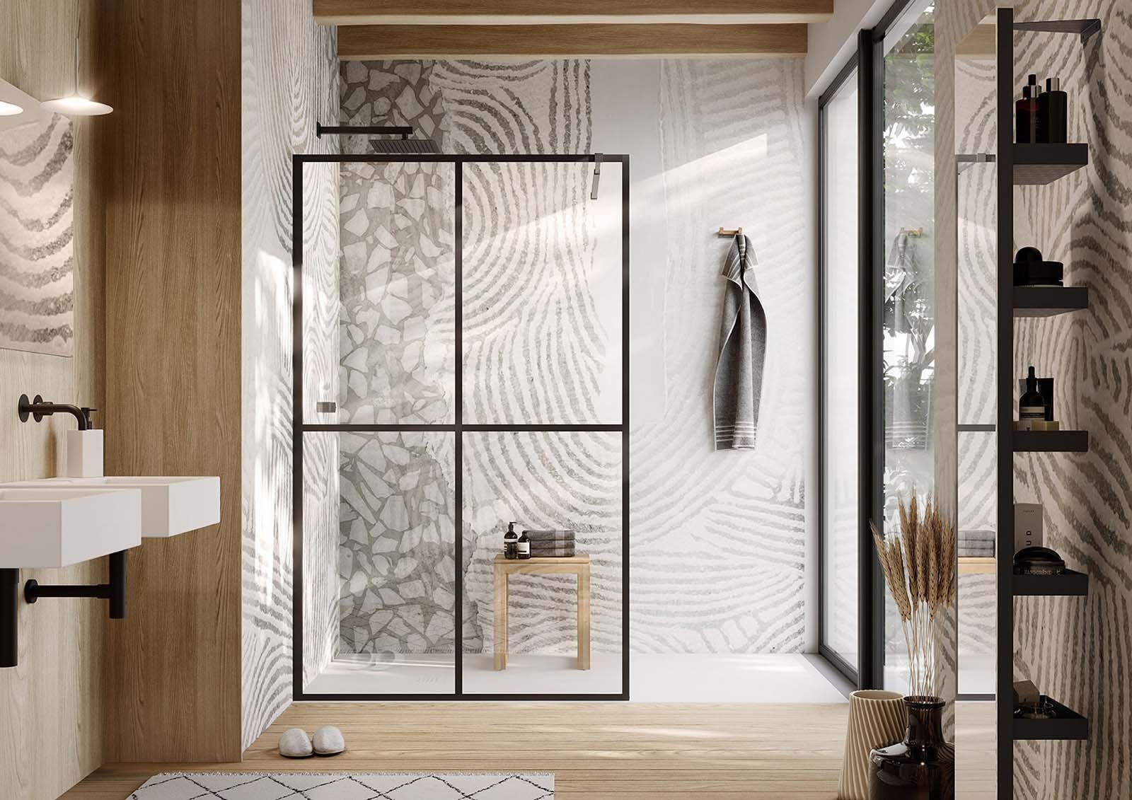 Lineabeta - Parete doccia Walk-in 4 pannelli Toki nero opaco/trasparente L.140 cm