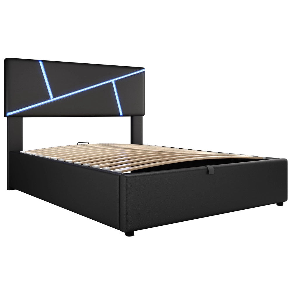 Letto Imbottito con LED ¨C MINIMAL ¨C Similpelle Nero, Contenitore Idraulico, Rete a Doghe, 90x200