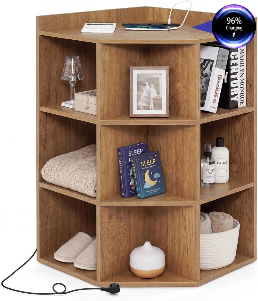 Mobile ad Angolo a 3 Livelli in Legno, Libreria Angolare Aperta con Stazione di Ricarica 9 Cubi 2 Porte USB e 4 Prese, Adatto per Spazi Ridotti, 51x71,5x86 cm (Naturale)