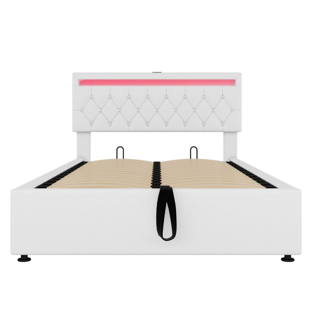 Letti contenitori 140x200 cm; sollevabile con LED e porte USB; in lino e MDF; bianco