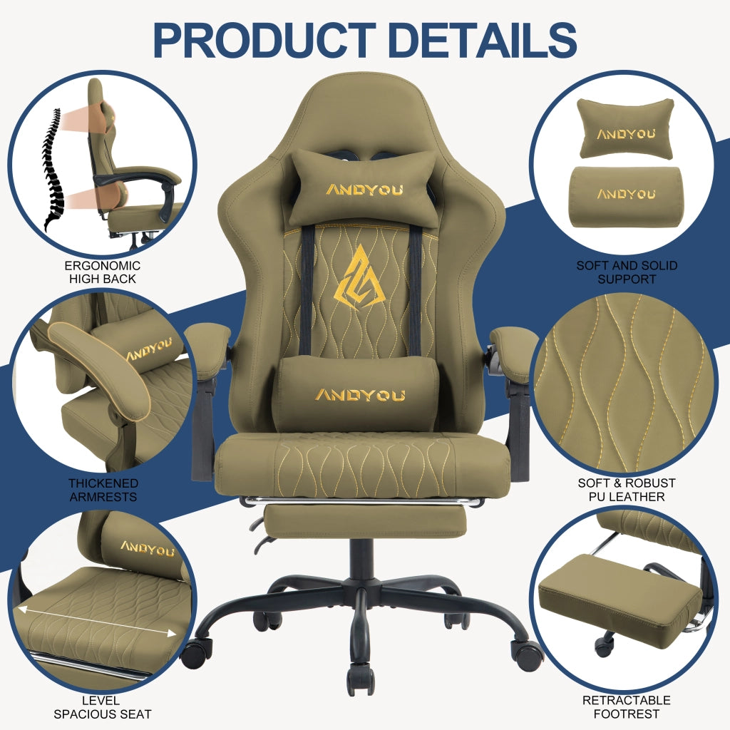 Sedia da Gaming con Poggiapiedi ¨C Zephmum ¨C Verde, Imbottita, Pelle