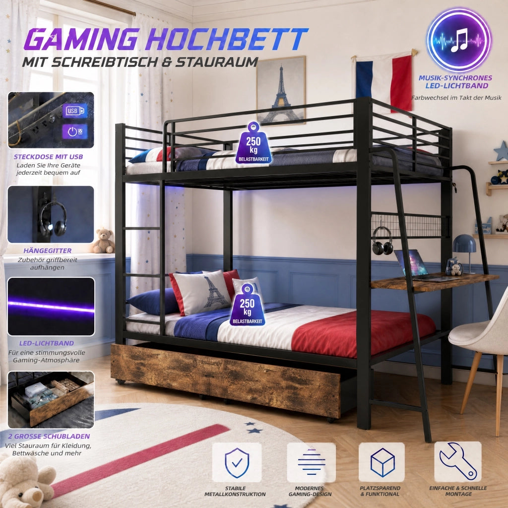 Letto a soppalco 140x200 cm con scrivania; LED RGB; prese USB e Type-C; nero