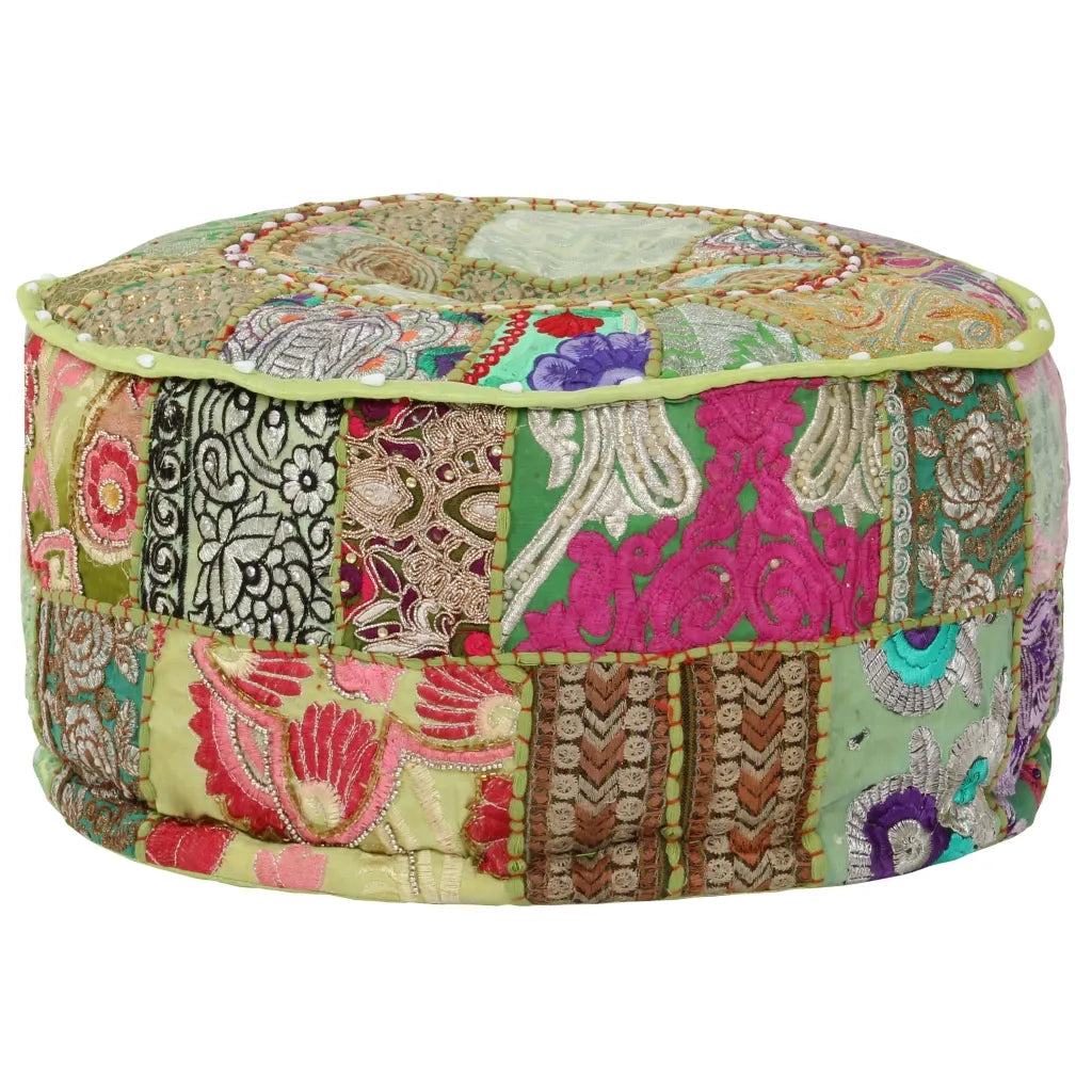 Pouf Patchwork Rotondo Fatto a Mano in Cotone 40x20 cm Verde 246573