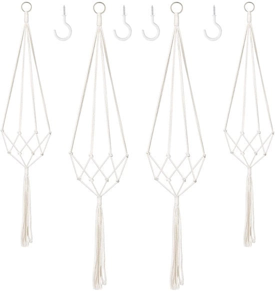Set di fioriera a macramé da 4 pezzi, decorazione boho per interni e esterni, corda di cotone per fioriera da appendere per balconi, pareti e soffitti