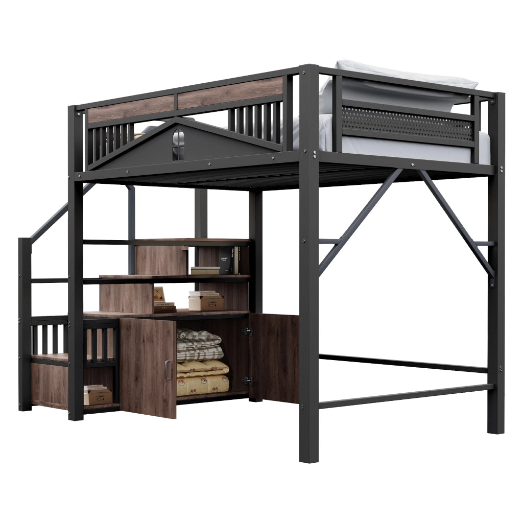 OKWISH Letto A Soppalco 140×200 cm, Letto Matrimoniale con Scala Contenitore, Armadietto e Spondine con Finestra, senza Materasso, Nero