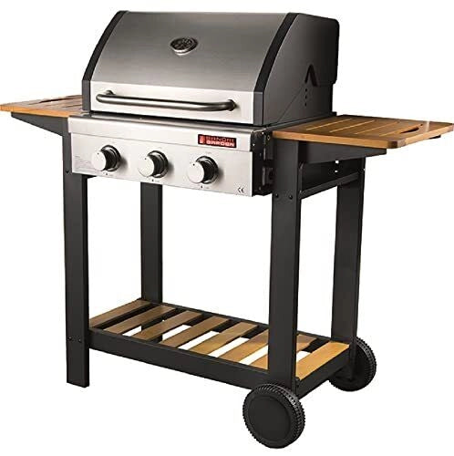 Sandrigarden 7876027 Oceania Barbecue a gas 3 fuochi 10,8 kW con bruciatori in acciaio inox griglie in ghisa smaltata pietra lavica e ripiani in legno (130x58x115 cm) colore Acciaio e Legno