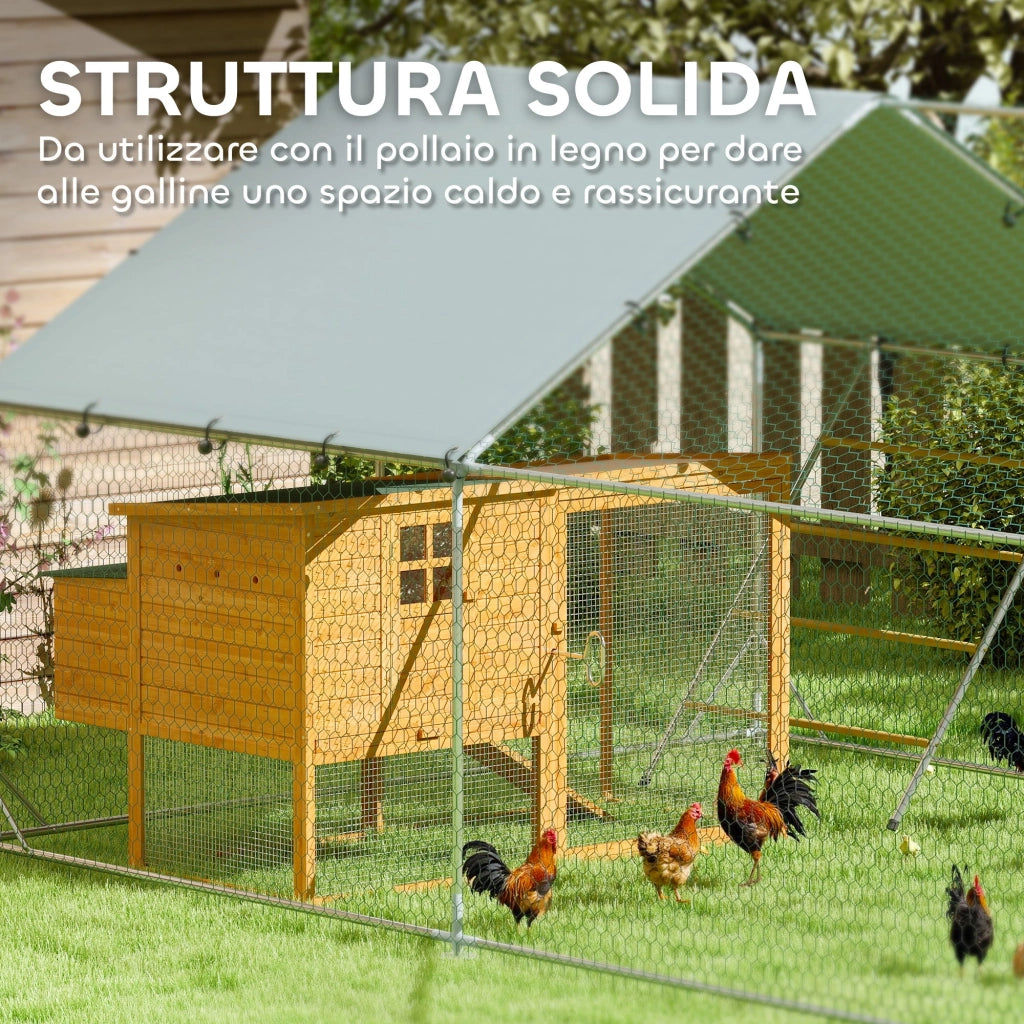 Recinto per Galline da 12 mq 300x400x195 cm per 12-18 Animali con Tetto Impermeabile Mangiatoia e Posatoio Argento
