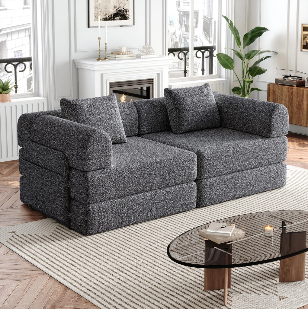 Poltrona letto 2 in 1 in ciniglia grigia con vano bracciolo