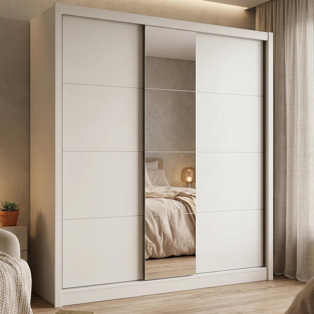 Armadio Camera da Letto Orero, Guardaroba Grande Appendiabiti, 205x215.5h cm Bianco Beige