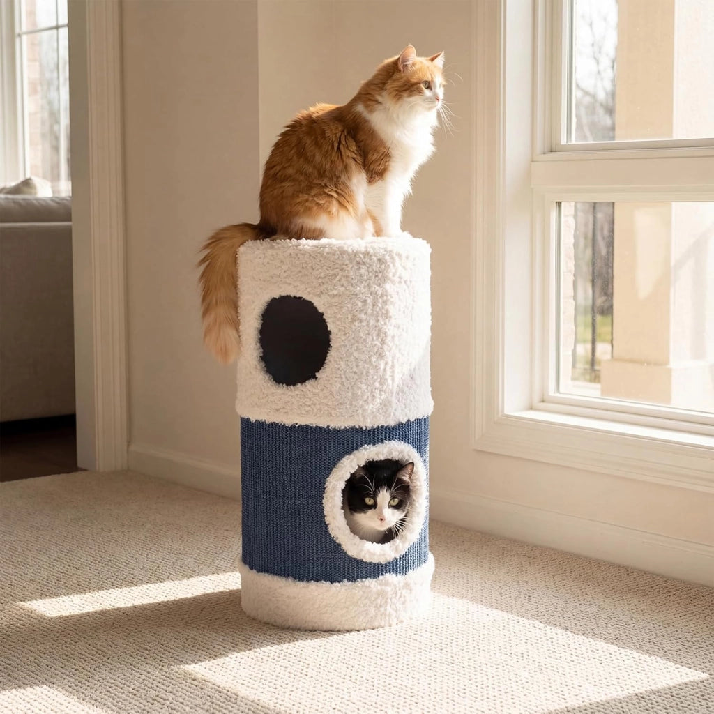 Casa per Gatti da Interno, Cuccia per Catti a 2 Piani con Tappetino in Sisal per Graffiare, Grotta Nascosta, Letto Coperto, Casetta Moderna per Più Gatti, Mobile a Forma di Barile con Anatra