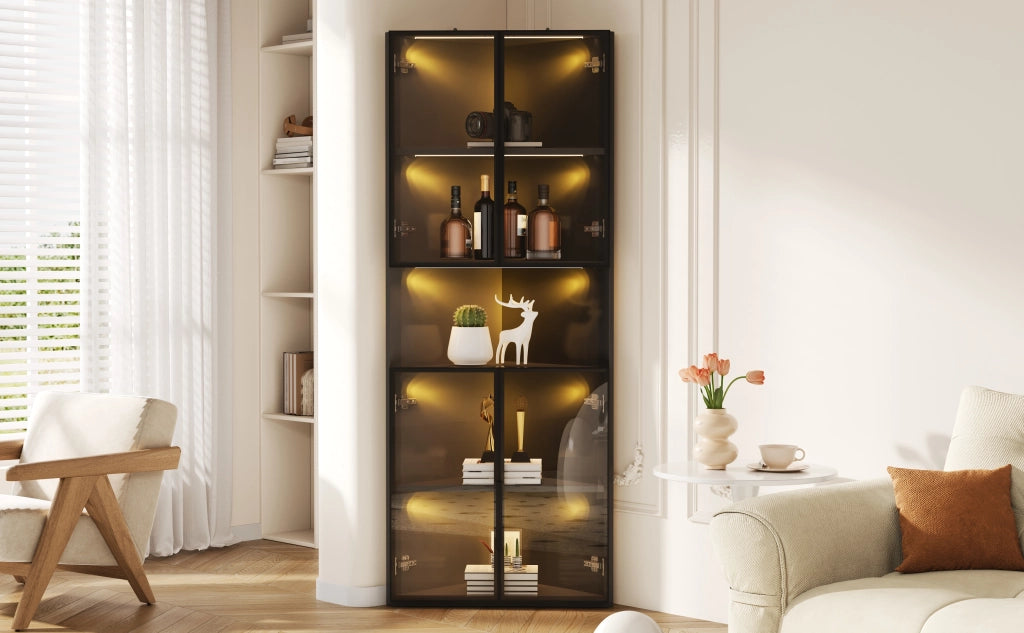 Vetrina angolare triangolare con LED e vano aperto con 2 ante in vetro per soggiorno in MDF nero 62 × 32 × 160 cm