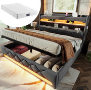 Letto matrimoniale 160x200 cm in lino grigio con LED; USB; contenitore idraulico e materasso