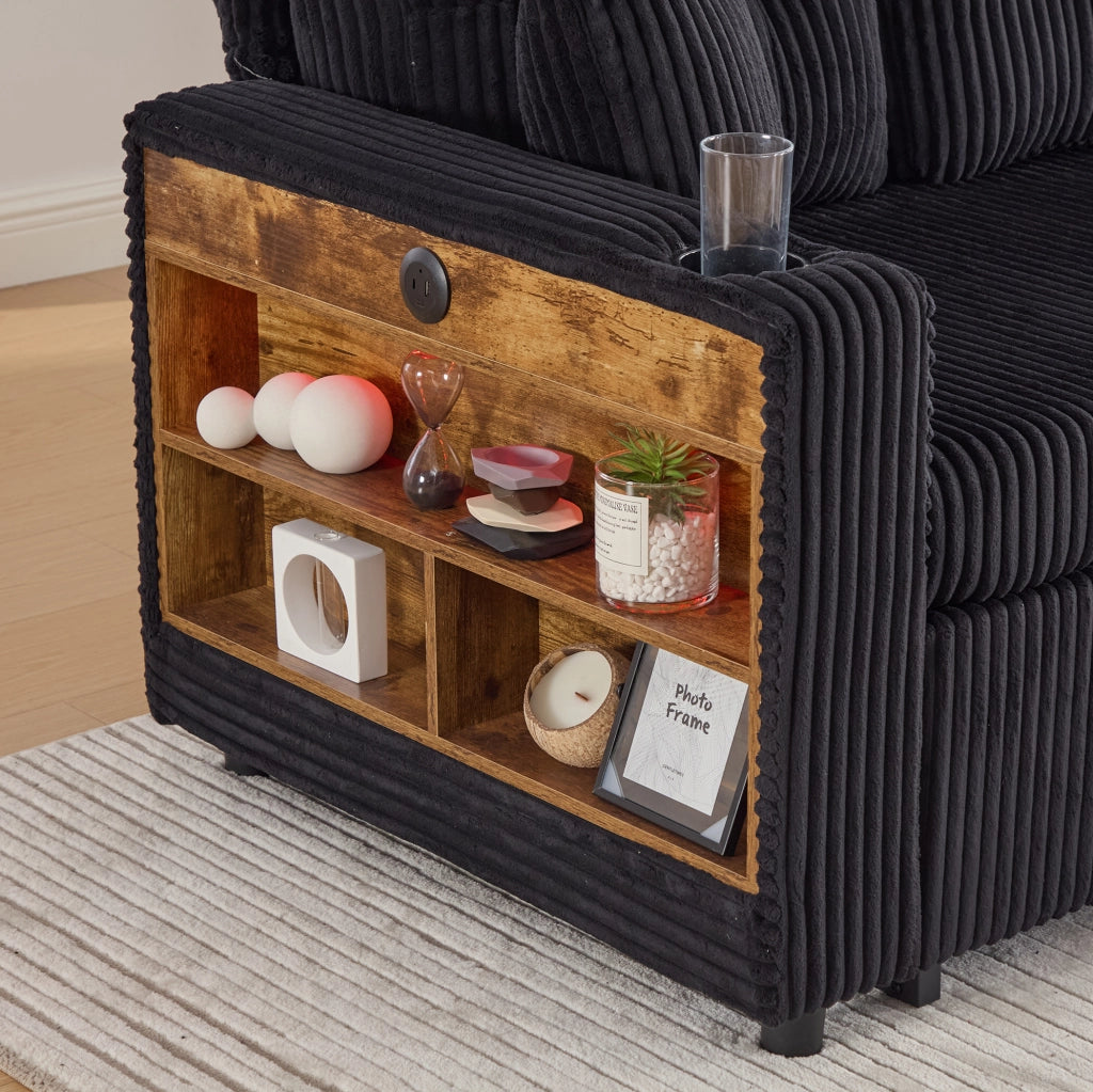 Divano letto con contenitore e USB-C 196x82-144x85 cm in corduroy nero con LED