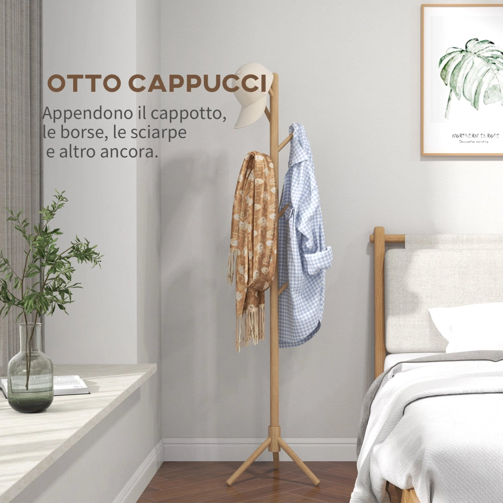 Appendiabiti da Terra in Legno di Abete a 8 Ganci per Casa e Ufficio 40x40x165 cm Color Legno