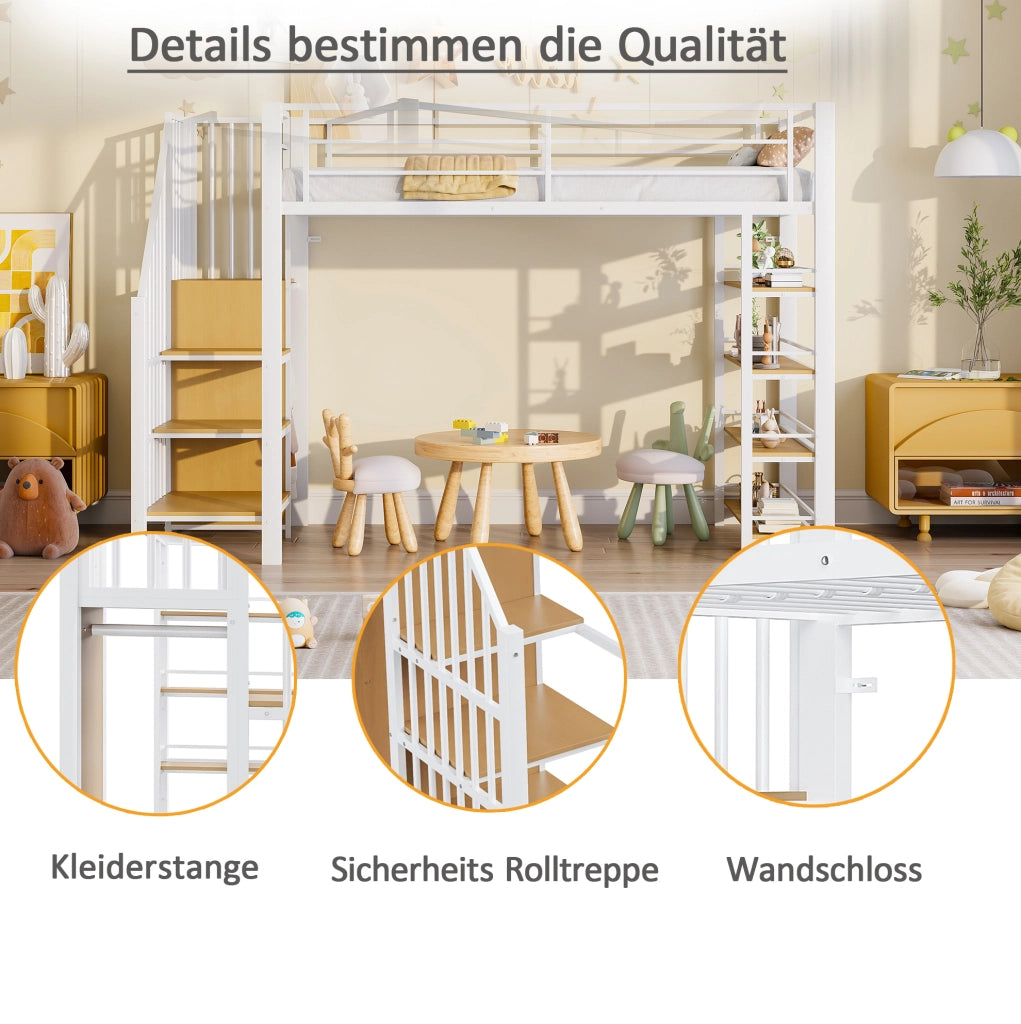 Letto a soppalco 90x200 cm con scala contenitore e armadio; bianco