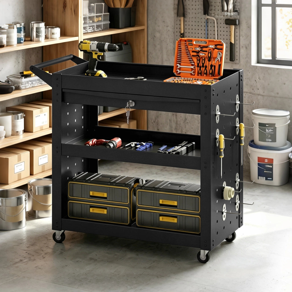 Carrello utensili 3 livelli con cassetto e pannello forato ¨C zephmum ¨C Nero