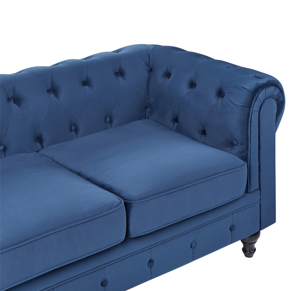Divano Chesterfield Tessuto Velluto Blu Rivestimento Gambe Nere 3 Posti Contemporaneo