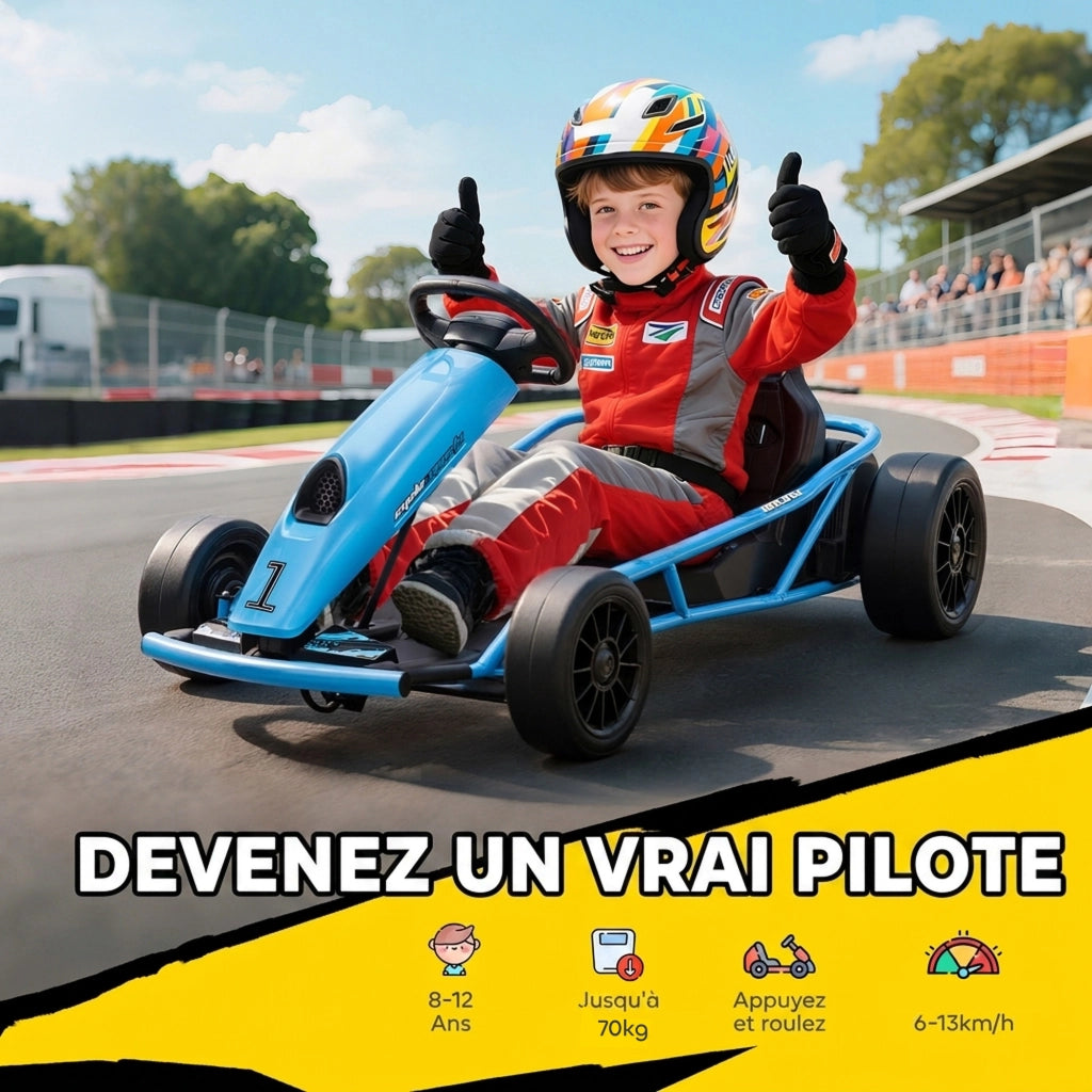 Kart Électrique pour Enfants 24 V Go Kart Mode Drift 8 à 12 ans Bleu