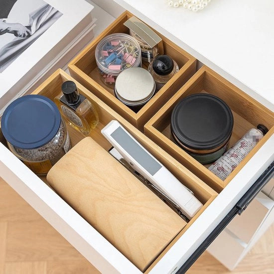 Sistema di archiviazione a 3 livelli per cassetti, scatola in bambù naturale 100%, stivabile, organizzatore per cassetti, cassetto in legno per cucina, ufficio o bagno, cassetto, cassetto per utensili in legno