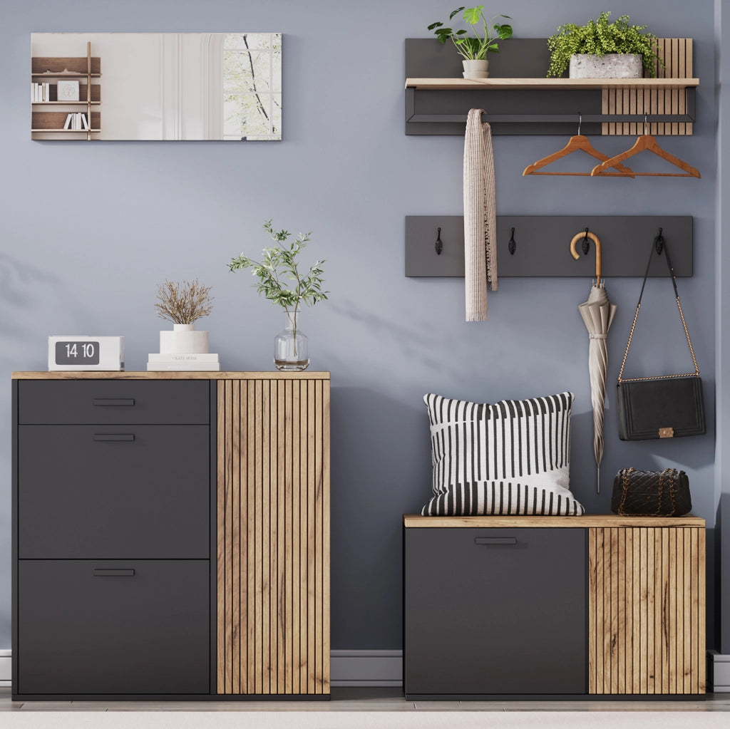Set ingresso 5 pezzi con scarpiere, panca e specchio