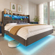 Letto sospeso in lino grigio 140x190 LED 1 Type-C 3 USB testiera contenitore doghe