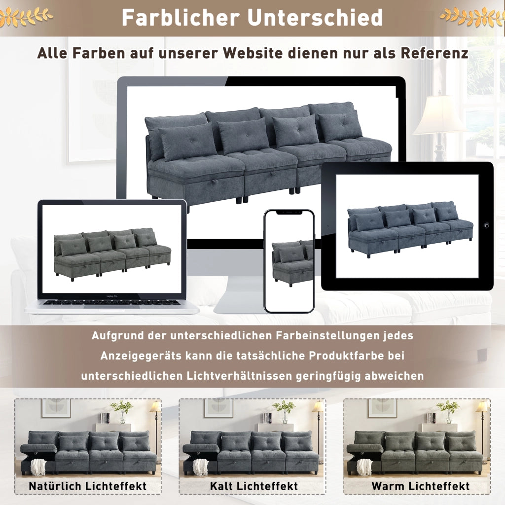 DIVANO modulare 4 posti in chenille grigio antico con contenitore