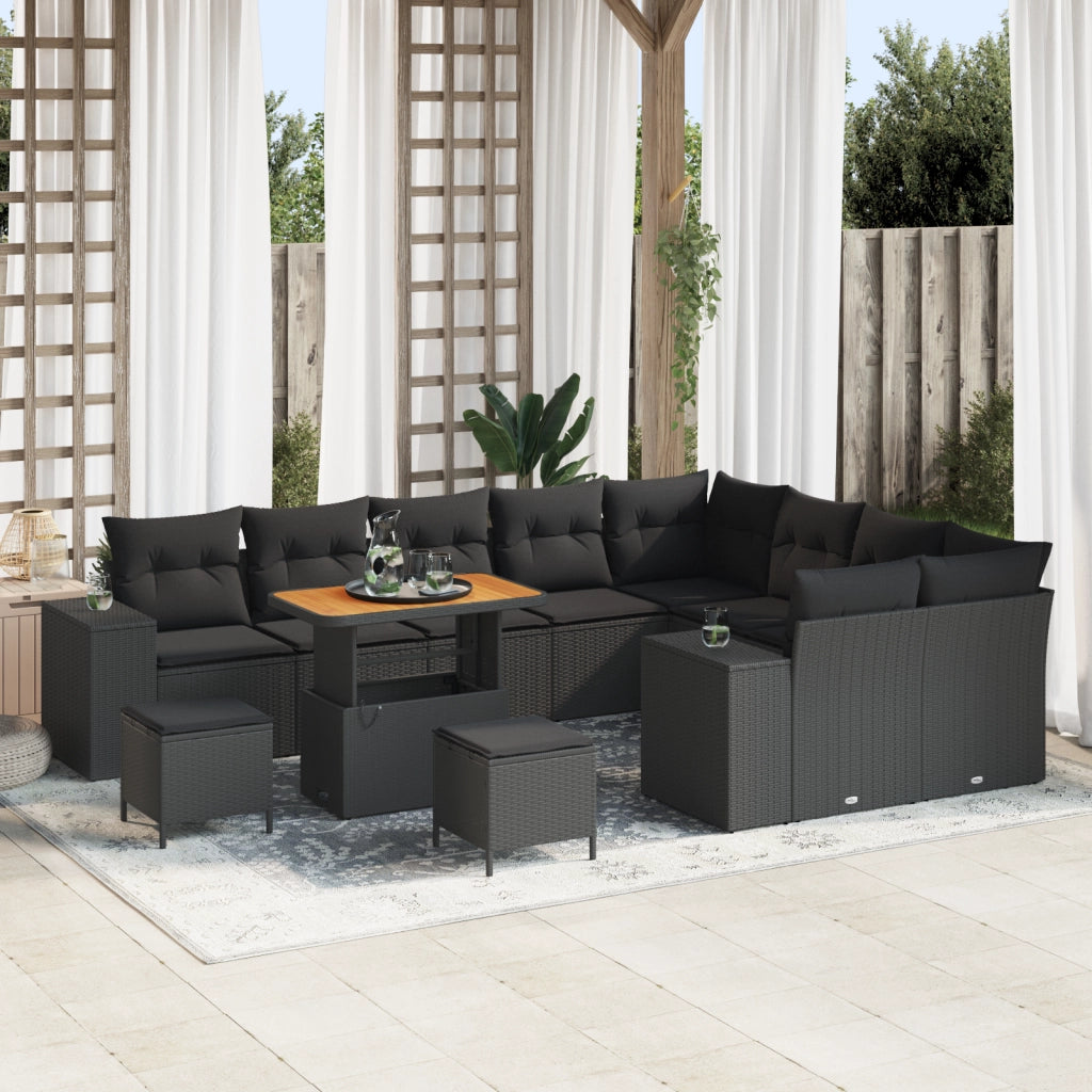 Set divano da giardino con cuscini da 12 pezzi in polyrattan nero e acacia
