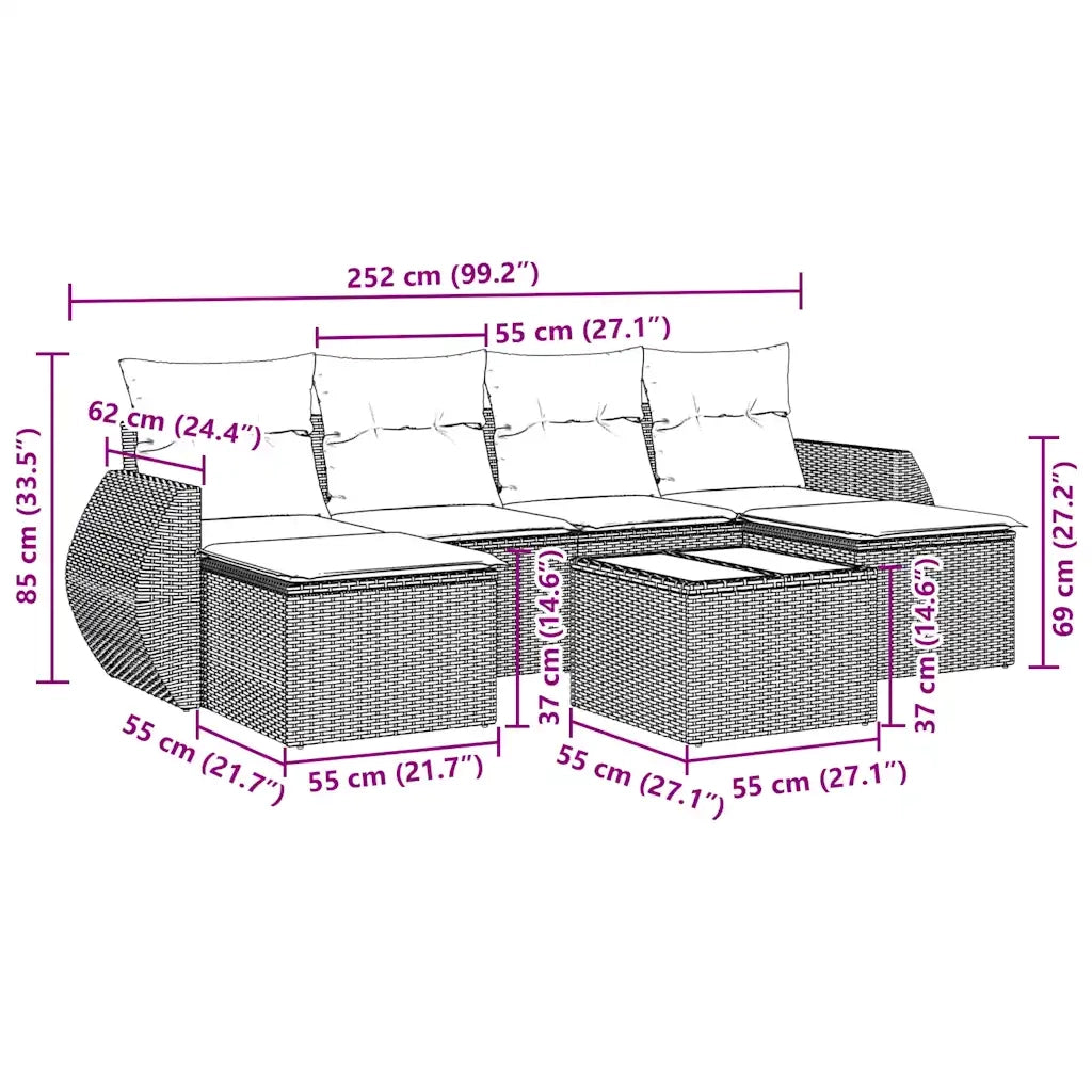 Set Divani da Giardino con Cuscini 7pz Nero Polyrattan