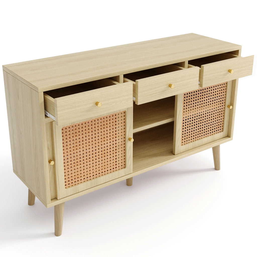 OKWISH Credenza con 3 Cassetti e 3 Ante Scorrevoli, Ripiani Regolabili, Stile Retrò, MDF e Metallo, Rovere, 120 x 40 x 78 cm