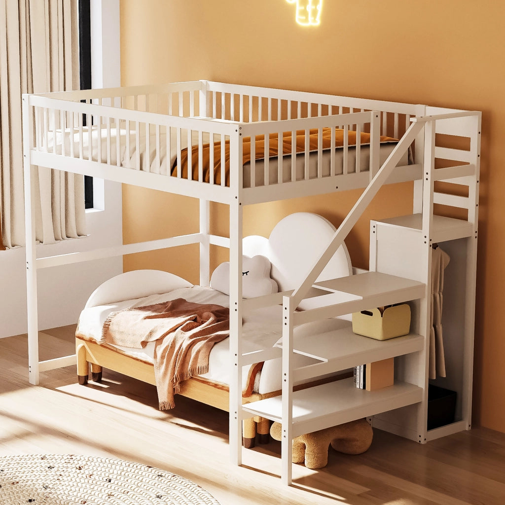 LETTO a soppalco 140x200 cm bianco in legno con scala e armadio